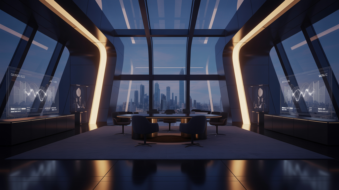 Modern executive office with futuristic skyline